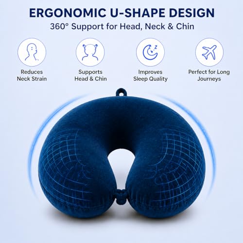 Image of Restify Premium Memory Foam Travel Neck Pillow with Eye Mask | Soft Velvet U Shape Neck Support Cushion for Flight, Airplane, Car & Office Travel | Portable Pillow for Men & Women | Navy Blue