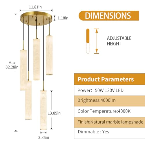Image of LMQNINE Natural Alabaster Pendant Lights for Kitchen Island White Marble Long Tube Chandelier 4000K Modern Gold Ceiling Light Fixtures for Bedroom Dining Room Table Living Room Hallway(M-5Light)
