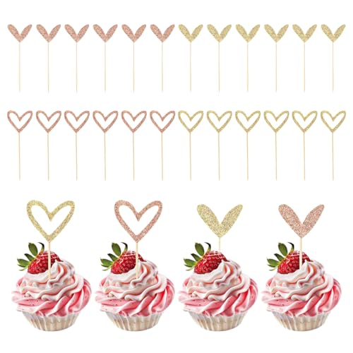 Juego de 24 decoraciones brillantes en forma de corazón para cupcakes, oro rosa y oro, magdalenas en forma de corazón, para el Día de San Valentín, bodas, compromisos, cumpleaños