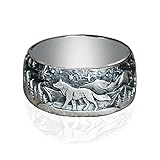 Wolf Rings for Men Women,Cool Silver Plated Engraving Running Walking Wolf Plants Forest Mountain Rings,Retro Norse Viking Celtic Wolf Engraved Statement Ring,Vintage Gothic Biker Punk Cocktail Party Bands Ring Jewelry (WOLF_A, 8)