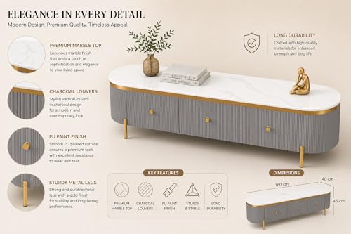Image of Mazzo White Marble TV Unit Console | 70 inchx15 inchx18 inch | Golden Legs & Charcoal Louvers | Storage Drawers | Modern TV Stand Console Unit White Marble Top with Gold Accents, Storage (Gray)