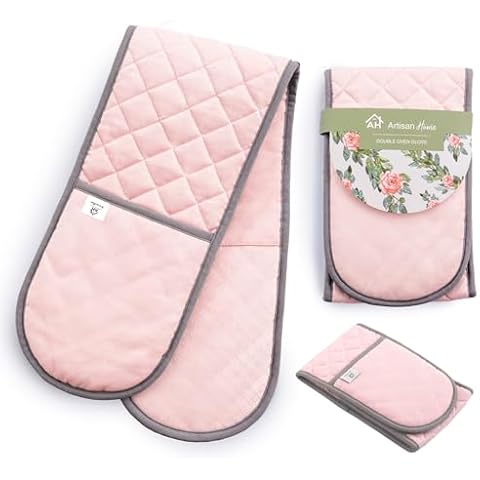 Pink Double Oven Gloves with Silicone Design Cover