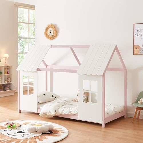 [en.casa] Kinderbett Tostedt Hausbett Jugendbett Bettenhaus Halboffenes Design Montessori Bett aus massiver Kiefer Bettgestell Holz 90x200cm Rosa/Weiß