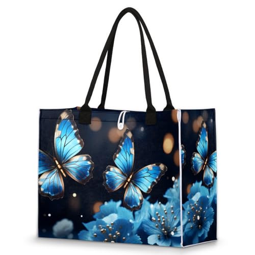 Butterfly Blue Flowers Tote Bag for Women Large Beach Bag Reusable Tote Bags for Work Travel Beach Shopping