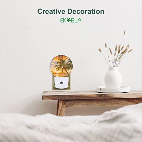 Image of EKOBLA Sunset Beach Night Light, Summer Seaside and Palm Tree Night Lights Plug Into Wall with Auto Sensor for Home Decor