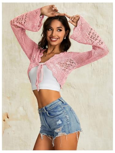 Image of OYOANGLE Women's Crochet Tie Front Sweater Cardigans Bell Sleeve Knitted Cropped Bolero Shrug Cardigan