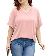 TAKEYAL Plus Size Tops for Women Rolled Sleeve V Neck Side Split T Shirts Stylish Tees Summer Cas...