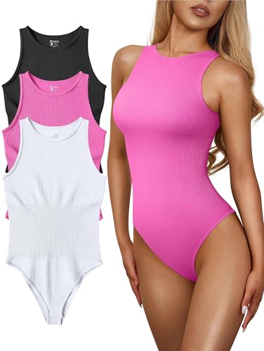 Image of OQQ Women's 3 Piece Bodysuits Sexy Ribbed One Piece Sleeveless Halter Neck Tops Leotard Summer Trendy