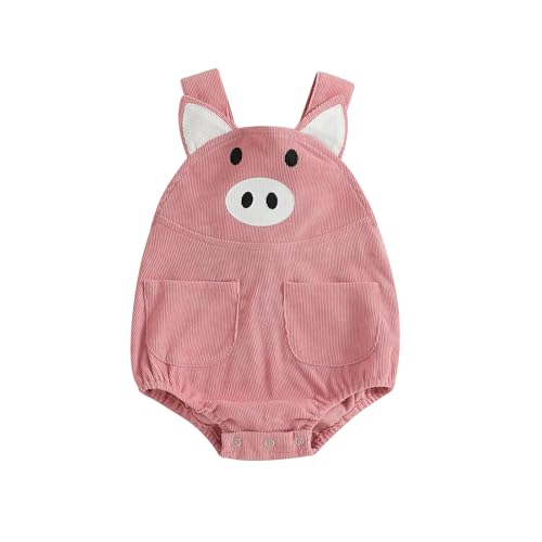 Image of woshilaocai Baby Boy Girl Corduroy Romper Farm Animal Overalls with Pockets Cute Toddler Fall Outfit