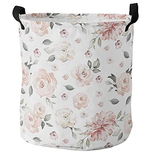 Watercolor Flowers Collapsible Laundry Hamper 16.5x17 Inch, Waterproof Freestanding Clothes Basket with Easy Carry Handles for Clothes Toys, Retro Art Pink Floral Pattern