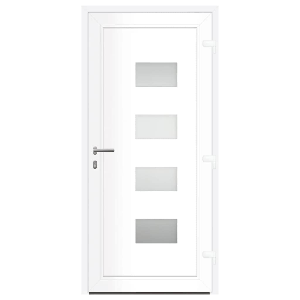 Białe drzwi wejściowe 100 x 210 cm z aluminium i PCW z solidną ramą, 5-drożnym zamkiem hakowym, przeszkleniem izolacyjnym i wzmocnieniem ze stali ocynkowanej, 3 regulowane zawiasy