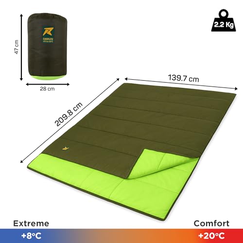 Image of Rocksport Double 2 Person Camplite Rectangular Sleeping Bag I +8 Degree C to +20 Degree C for Camping, Hiking, Indoor & Outdoor, Warm Sleep Bag l Free Adventure Pass (Yellow - Army Green)