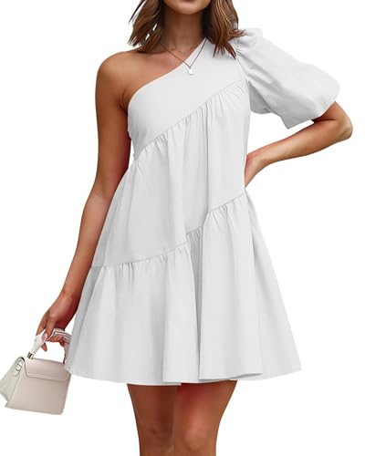 Image of KIRUNDO Summer One Shoulder Mini Baby Doll Dresses Women 2026 Casual Puff Sleeve Loose Tiered A Line Flowy Short Dress