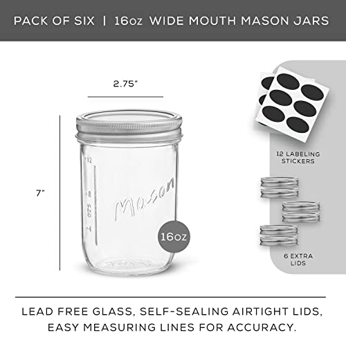 JoyJolt 16 Oz Mason Jars With Lids, Labels and Measures! 6-Pack Wide Mouth Mason Jars, Glass Jar with Lid and Band. Airtight Canning Jars, Overnight Oats Jars, Salad Jars, Sourdough Starter Jar by JoyJolt - Image 5