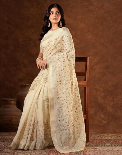 Image of SIRIL Women's Cotton Linen Embroidery Work Saree with Unstitched Blouse Piece