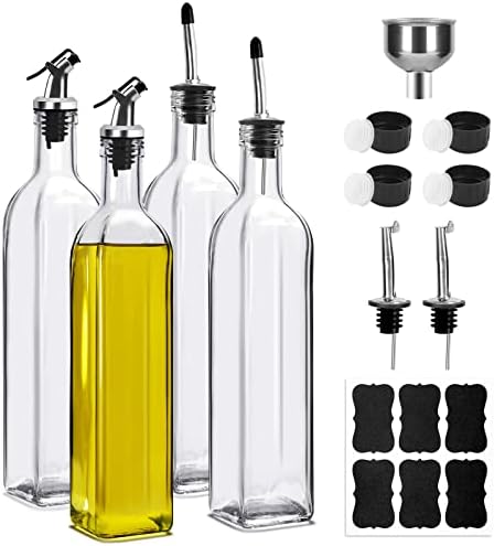 BAKHUK 4 Pack 17oz Glass Olive Oil Dispenser Bottles 500ml Clear Vinegar Cruet with Pourers and Funnel for Kitchen