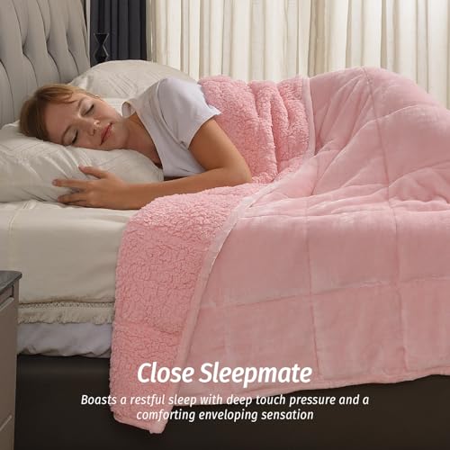 Wemore Sherpa Fleece Weighted Blanket for Adult, 15 lbs Dual Sided Cozy Fluffy Heavy Blanket, Ultra Fuzzy Throw Blanket with Soft Plush Flannel Top, 80 x 87 inches, Pink on Both Sides