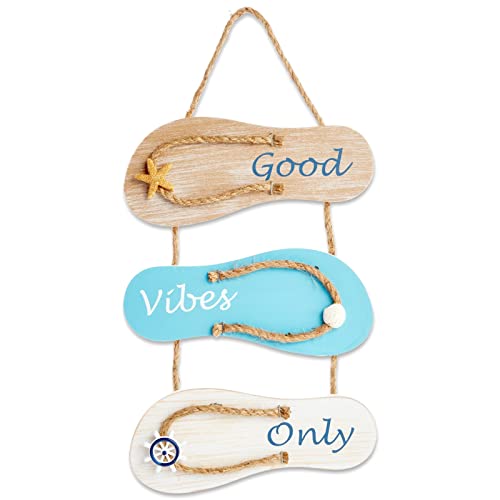 Juvale Good Vibes Only Sign Wooden Flip Flop Beach Decor, Nautical-Inspired Hanging Sign for Homes, Summer Displays, Ocean-Themed Residences, Vacation Properties, Office Spaces (9x12 in)