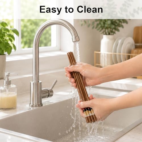 Image of MFJUNS Natural Wood Chopsticks 5 Pairs Set, Chinese Style Vintage Pattern Reusable Chopsticks, 9.5 Inch Non Slip Solid Wood Chop Sticks, No Paint No Wax, for Sushi Ramen Hot Pot Kitchen Daily Dining