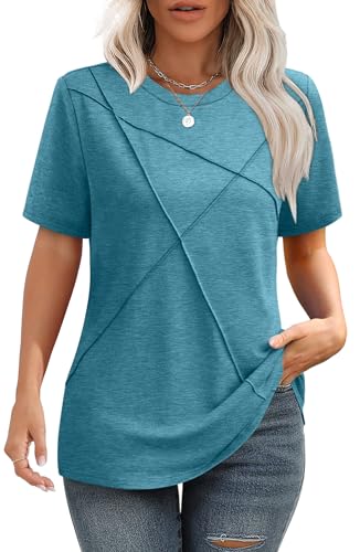 Image of XIEERDUO Womens Summer Tops 2026 Pleated Round Neck Short Sleeve Shirts Business Casual