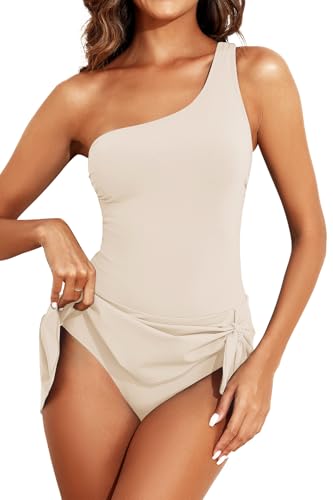 Image of Tempt Me Women One Piece Swim Dress One Shoulder Swimsuit | Tummy control, Skirted bottom, Adjustable shoulder straps, Removable bra