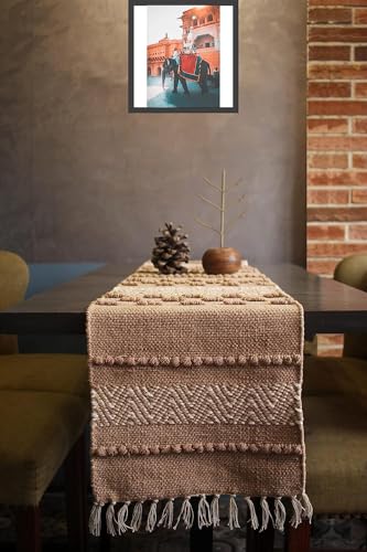 POSHREYA beige white handwoven cotton table runner for 4 to 6 seater dining table