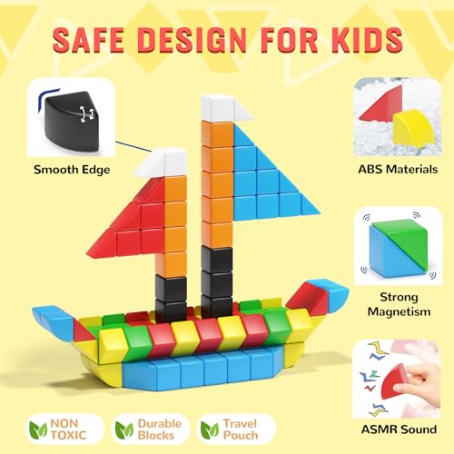 Image of Hiwawind 56 PCS Magnetic Blocks, 1-Inch Isosceles Triangles & Quarter Circles, Montessori STEM Sensory Toys for Kids Ages 3-6, Christmas & Birthday Gift for Boys Girls