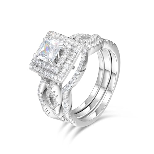 1ct Princess Cut Cubic Zirconia Engagement Ring for Women, Sterling Silver Wedding Band Set with Rhodium Plating, Size 6-11, Hypoallergenic, Gift for Her (Anniversary, Proposal, Valentine’s Day) - Main Image