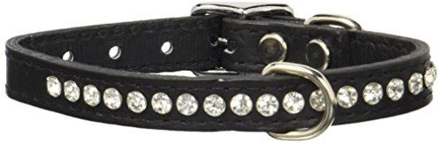 Image of Signature Leather Crystal Dog Collar, Black Solid Grain Leather, Fits 7.5 inch-9.5 inch Neck Size, 12 inch Overall Length