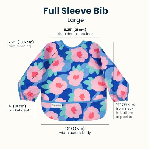 Image of Tiny Twinkle Mess Proof Baby Bib, Cute Full Sleeve Bib Outfit, Waterproof Bibs for Toddlers, Machine Washable, Tug Proof Closure, Baby Smock for Eating, Long Sleeve (Floral Blue, Large 2-4 Years)