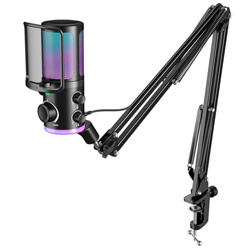 FIFINE Streaming Computer Microphone with Mic Boom Arm Set, Gaming USB Desktop Mic with RGB,Mute Button Bundle, Metal Mic Stand with Heavy Duty Clamp,3/8" to 5/8" Adapter for Recording,Studio(AM6+CS1)