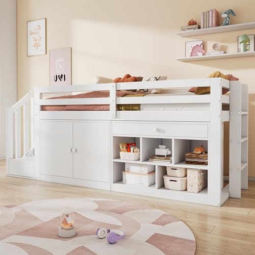 Kinderbett 90x200 Einzelbett, Hochbett mit Stauschrank, Schreibtisch und Treppe, Regal & Schubladen & Schließfach, Holzbett Stauraumbett Funktionsbett Jugendhochbett mit Lattenrost,Ohne Matratze,Weiß