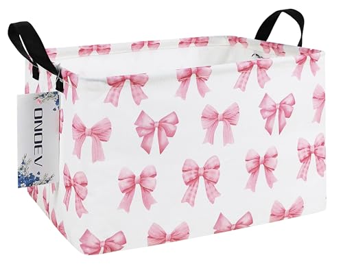 Image of Rectangular Pink Bow Closet Storage Bin, Foldable Clothes Organizer | Moisture-proof premium canvas, reinforced side grips, compact narrow rectangular bin for wardrobe, bedroom, hallway, bathroom