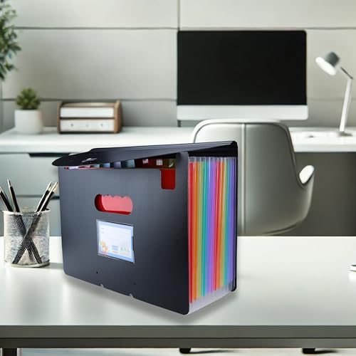 Image of SPS A4 Expanding File Folder - 13 Pockets | Black | Durable & Waterproof | Snap Button Closure | Fits A4 & Letter Size | Portable Accordion Document Organizer
