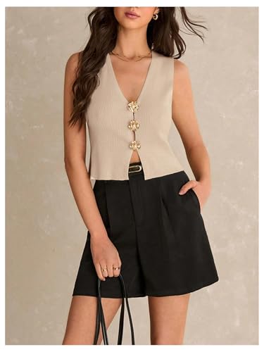 MakeMeChic Women's Metal Floral Sweater Vests V Neck Knit Split Sleeveless Crop Old Money Tops4