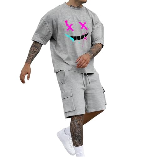 Survêtement d'été court pour homme avec short cargo et t-shirt oversize imprimé graffiti
