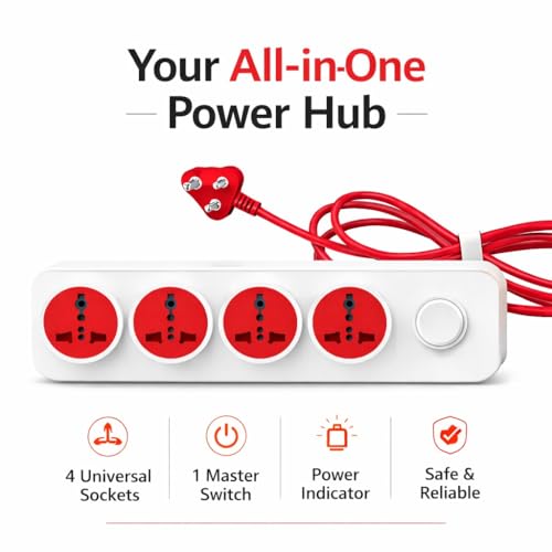 Image of Arji 6 Amp Extension Board with 2 Metre Heavy Duty Copper Cord | 4 Socket Power Strip | Multi Plug Extension for Home & Office