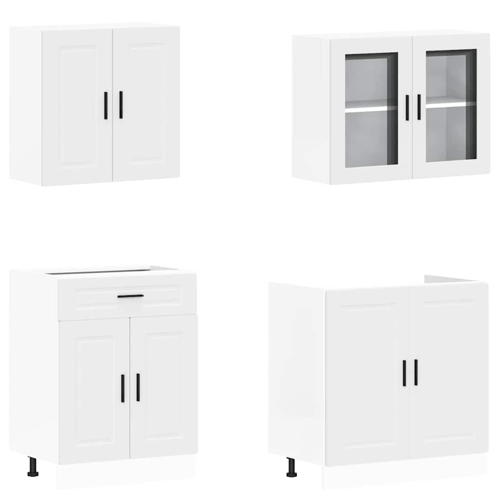 Mobile da cucina Porto bianco, set di 4 mobili da cucina moderni in legno, mobili da cucina compatti per riporre oggetti, include mobiletto sottolavello e pensili con anta in vetro