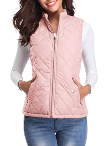 fuinloth Women's Quilted Gilet, Lightweight Body Warmer Padded Outdoor Vest Sleeveless Jacket Pink Large