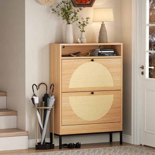 Rattan-Shoe-Cabinet-Shoe-Storage-Cabinet-with-2-Flip-Drawers-Hidden-Shoe-Storage-Slim-Shoe-Closet-Sneaker-Storage-Shoe-Organizer-for-Entryway-Hallway-Living-Room Rattan Shoe Cabinet Shoe Storage Cabinet with 2 Flip Drawers Hidden Shoe Storage Slim Shoe Closet Sneaker Storage Shoe Organizer for Entryway Hallway Living Room