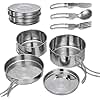 ATPWONZ Camping Cookware Set 7Pcs Camping Pots And Pans 304 Stainless Steel 900Ml 600Ml Cooking Pots 14.8Cm Frying Pan 13Cm Plate With 3Pcs Cutlery Set For Camping, Picnic Includes Carry Bag