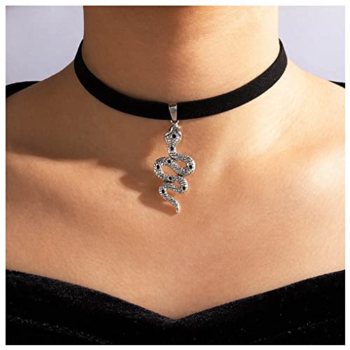 Iaceble Punk Velvet Snake Choker Necklace Silver Snake Pendant Clavicle Necklace Gothic Velvet Collar Necklace Short Black Ribbon Necklace Jewelry For Women And Girls (Silver) #TOP16
