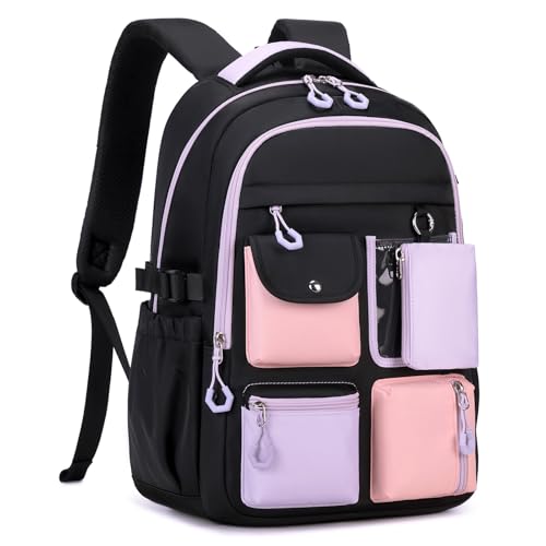 Tanou Schultasche Mädchen Rucksack Schule, Groß Schulrucksack Teenager Mädchen aus Oxford Stoff, Lässiger Schulranzen für Grundschule Gymnasium mit mehreren Fächer, Schwarz Lila