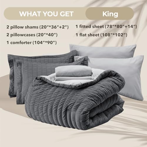 Image of HYMOKEGE Dark Grey /Light Grey King Size Comforter Set Seersucker 7 Pieces, All Season Luxury Bed in a Bag for Bedroom, Bedding Set with Comforter, Sheets, Pillowcases & Shams