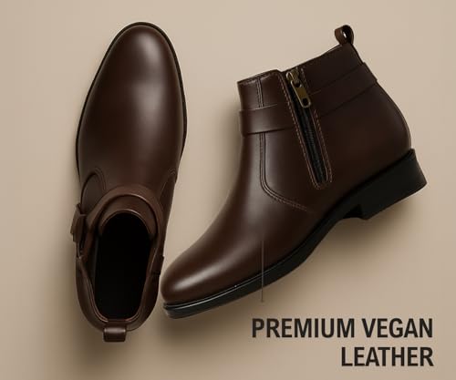 Image of Kraasa The Harness - Men's Stylish Vegan Leather Chelsea Boots with Side Zipper & O-Ring Strap Elastic Panel Ankle Boot (Tan /Black /Brown)