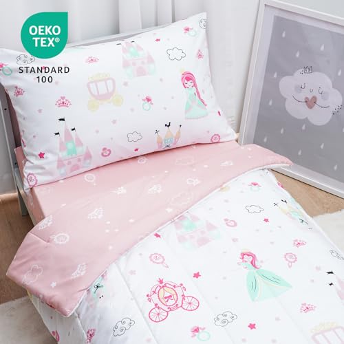 Image of david's kids 4 Piece Toddler Bedding Set - Soft Breathable Toddler Bedding Set for Girls, Includes Quilted Comforter, Flat Sheet, Fitted Sheet and Pillowcase, Princess