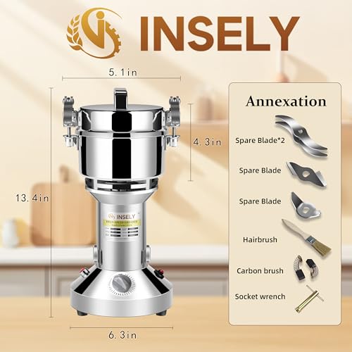 INSELY Grain Mill Grinder 300g High Speed Food Grain Mill Stainless Steel Seeds Flour Nut Pill Wheat Corn Herbs Spices & Seasonings Dry Grinder Electric Machine Grinder for Kitchen