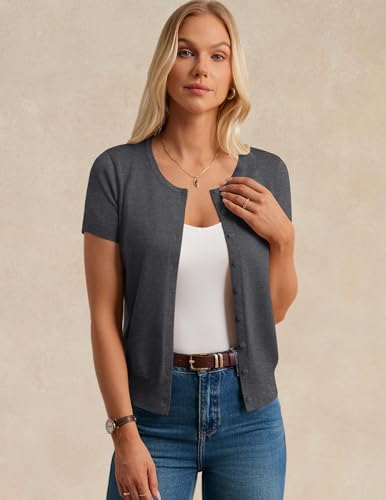 Image of GRACE KARIN Women Short Sleeve Cardigan, 2026 Summer Knitted Sweater Tops, Basic Crew Neck Crop Outfits
