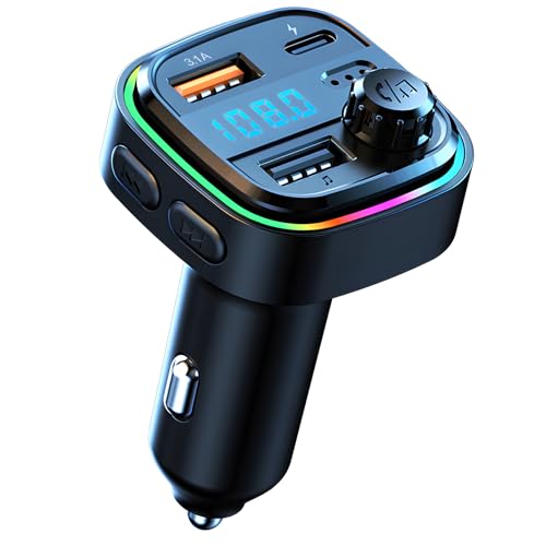 Knocery Transmisor FM Bluetooth para Coche, Adaptador Bluetooth para Coche, Radio, Reproductor de música, MP3, Carga rápida USB y Tipo C QC3.0, 2 USB+Tipo CSoporte Tarjetas TF