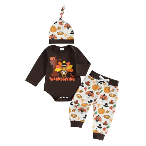 My 1st Thanksgiving Baby Boy Outfit Turkey Print Long Sleeve Romper Elastic Waist Pants Hat Set 3 Piece Fall Clothes